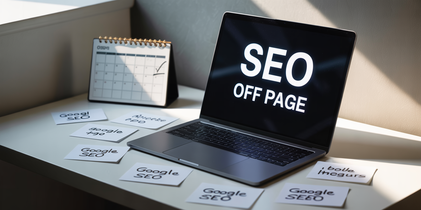 Ilustración conceptual de SEO Off Page con iconos de redes sociales y enlaces